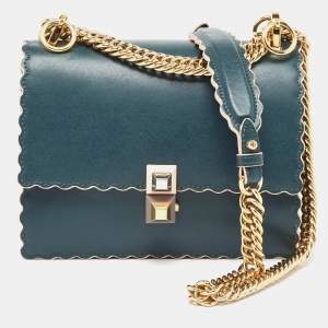 Pre Owned Fendi Green Leather Mini Scalloped Kan I Shoulder Bag