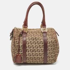 Pre Owned Fendi Brown/Beige Zucchino Canvas and Leather Small Forever Bauletto Bag