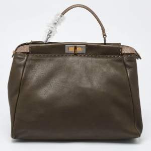 Pre Owned Fendi Dark Green/Bronze Selleria Leather Large Peekaboo Top Handle Bag