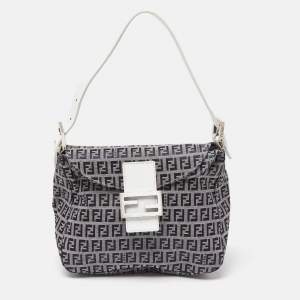 Pre Owned Fendi Navy Blue/White Zucchino Fabric and Leather FF Double Flap Bag