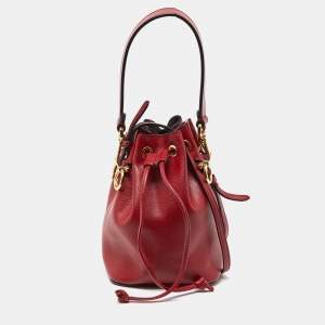 Pre Owned Fendi Red Leather Mini Mon Tresor Drawstring Bucket Bag