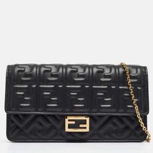Fendi Black Zucca Embossed Leather Baguette Wallet on Chain