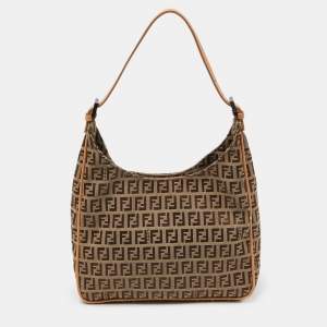 Pre Owned Fendi Brown/Beige Zucchino Canvas and Leather Shoulder Bag