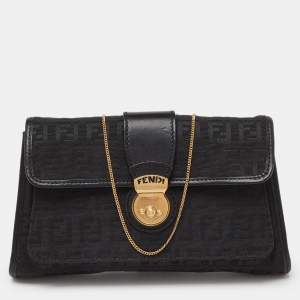Pre Owned Fendi Black Zucchino Canvas and Leather Wallet on Chain 