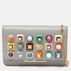 Pre Owned Fendi Grey Leather Rainbow Stud Tube Wallet On Chain