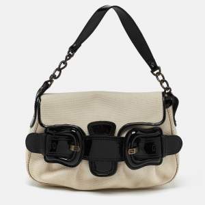 Pre Owned Fendi Cream/Black Canvas and Patent Leather B Shoulder Bag