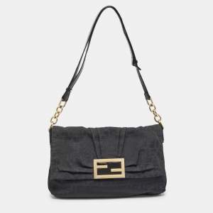 Fendi Black Zucca Canvas and Patent Leather Mia Flap Bag