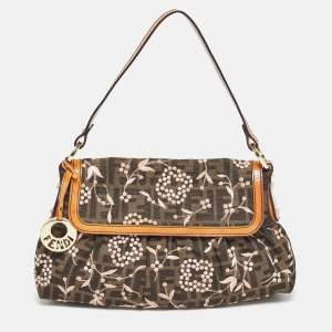 Pre Owned Fendi Tobacco Zucca Canvas and Patent Leather Embroidered Chef Shoulder Bag