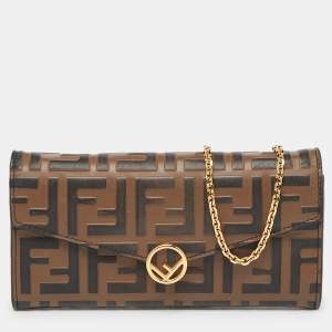 Pre Owned Fendi Tobacco Zucca Embossed Leather Flap Wallet on Chain