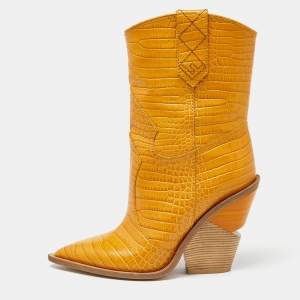 Fendi Yellow Croc Embossed Leather Cowboy Mid Calf Boots Size 39