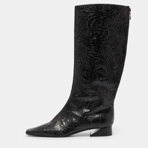 Fendi Black Floral Leather Knee Length Boots Size 41