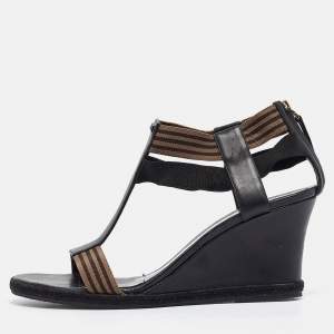 Fendi Black/Brown Leather and Elastic T-Strap Wedge Sandals Size 41