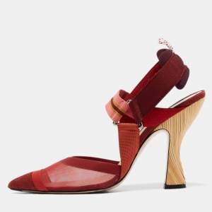 Pre Owned Fendi Burgundy Mesh and Canvas Colibri Slingback Pumps Size 39