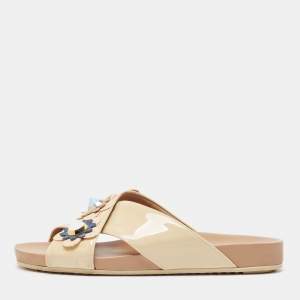 Fendi Beige Patent Leather Flowerland Slides Size 38