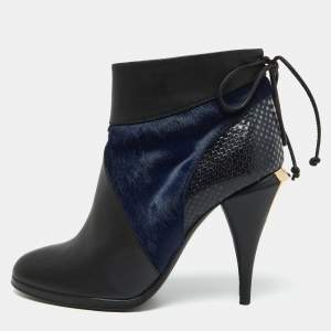 Fendi Black/Blue Leather,Snake Embossed and Calfhair Ankle Boots Size 38.5