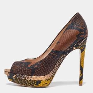 Fendi Multicolor Python Embossed Leather Peep Toe Platform Pumps Size 40