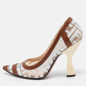 Pre Owned Fendi White/Brown Zucca PVC and Leather Trim Colibri Pointed Toe Pumps Size 37