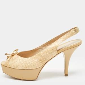 Pre Owned Fendi Beige Patent and Raffia Slingback Pumps Size 39