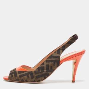Fendi Brown/Orange Zucca Canvas and Patent Leather Slingback Sandals Size 41