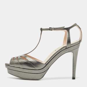 Pre Owned Fendi Metallic Grey Leather Platform T-Strap Sandals Size 36