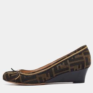 Fendi Brown Zucca Canvas and Leather Bow Wedge Pumps Size 37
