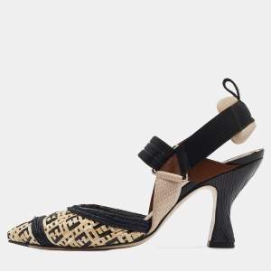 Pre Owned Fendi Beige/Black Woven Raffia Colibri Slingback Pumps Size 38.5