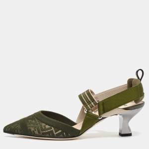 Fendi Green Canvas Colibri Sligback Pumps Size 41