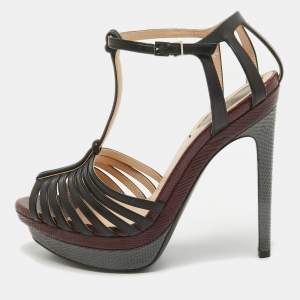 Pre Owned Fendi Black Leather T-Bar Strappy Platform Sandals Size 35