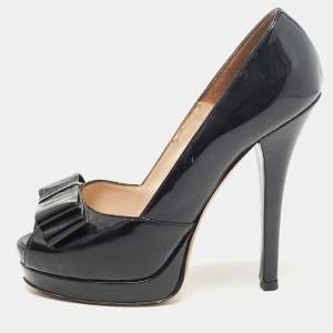 Fendi Black Patent Leather Bow Peep Toe Platform Pumps Size 38