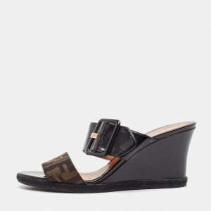 Fendi Brown/Black Zucca Canvas and Patent Leather Wedge Sandals Size 39