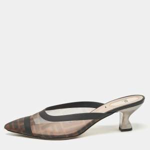 Fendi Beige/Black Leather and Mesh Colibri Mules Size 39.5