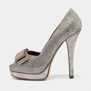 Fendi Silver/Brown Brocade Fabric Bow Peep Toe Platform Pumps Size 38.5