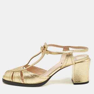 Fendi Gold Leather Block Heel Ankle Strap Sandals Size 39