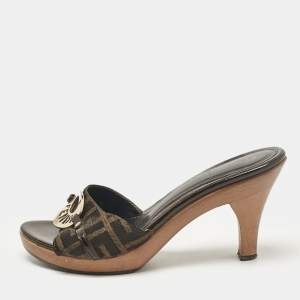 Fendi Brown Canvas and Patent Leather Slide Sandals Size 37.5