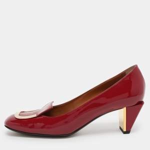 Fendi Burgundy Patent Leather Embellished Block Heel Pumps Size 38