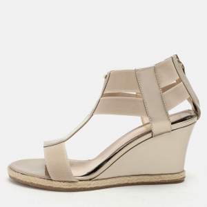 Fendi Beige Patent Leather Wedge Espadrille Sandals Size 37