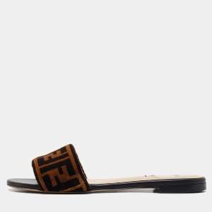 Fendi Brown Zucca Velvet Flat Slides Size 39