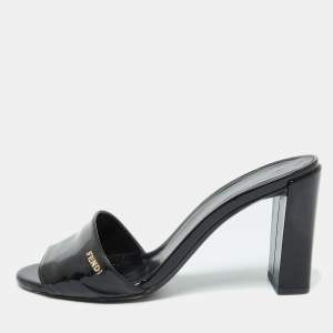 Fendi Black Patent Leather Slide Sandals Size 37