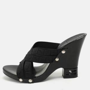 Fendi Black FF Canvas Criss Cross Slide Sandals Size 39