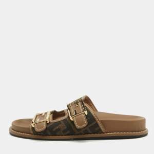 Fendi Brown Zucca Canvas and Leather FF Buckle Slides Size 37.5