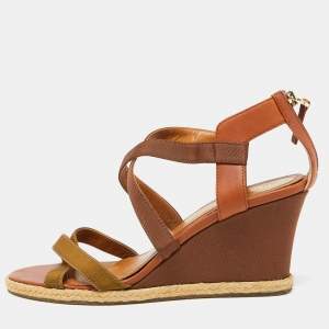 Fendi Brown Leather and Fabric Criss Cross Wedge Sandals Size 37