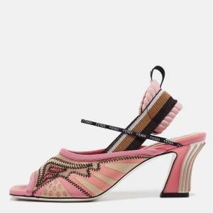 Pre Owned Fendi Pink Mesh and Canvas Evie Slingback Sandals Size 37.5