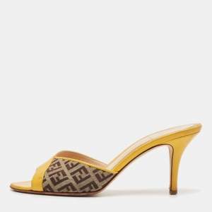 Pre Owned Fendi Yellow/Brown Leather and Zucca Canvas Slide Sandals Size 36