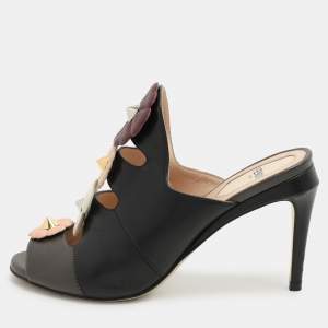 Fendi Black/Grey Leather Flowerland Slide Sandals Size 36