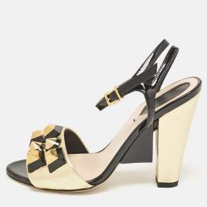 Fendi Gold/Black Leather and Patent Studded Ankle Strap Sandals Size 36