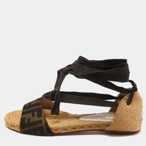 Fendi Brown FF Canvas and Fabric Ankle Wrap Flat Sandals Size 36.5