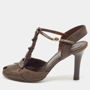 Fendi Brown Leather T Strap Peep Toe Ankle Strap Sandals Size 38