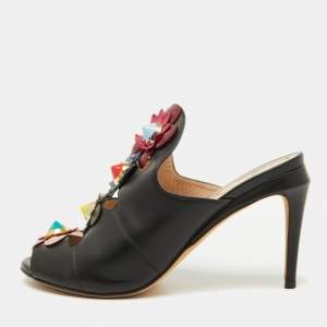 Fendi Black Leather Floral Applique Mules Size 37.5