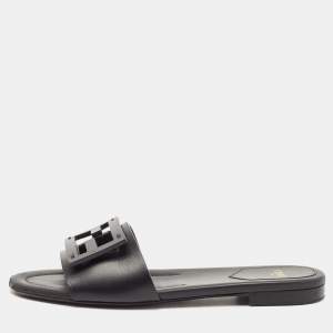 Fendi Black Leather Logo Flat Slides Size 36.5