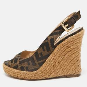Fendi Brown Canvas Wedge Espadrille Sandals Size 36